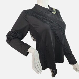 70s Icinoo Black Lace Beaded Top Asymmetrical High Neck Nylon Poly Long Slv Med